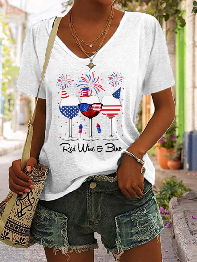 Women's  Red White And Blue Wine Drinking 4th Of July Independence Day Gift Digital T-Shirt