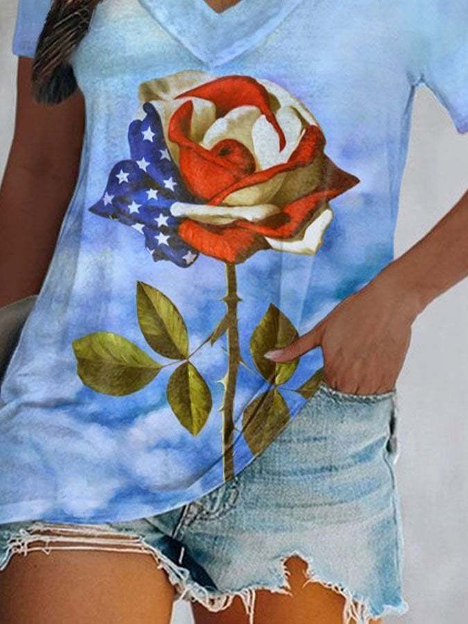 V-Neck Rose Print T-Shirt