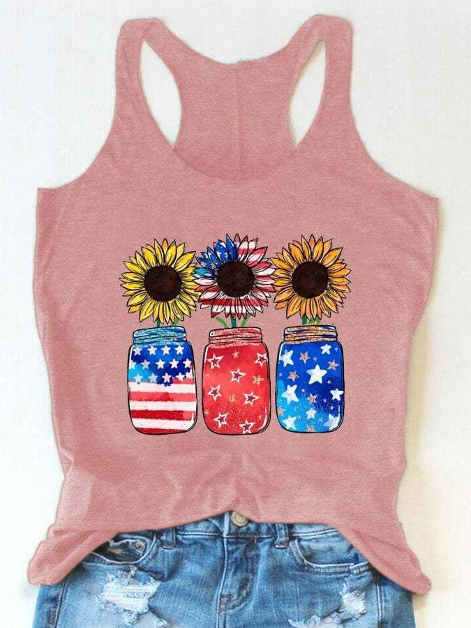 Women'S Stars and Stripes Sunflower Slogan Print Tank Top