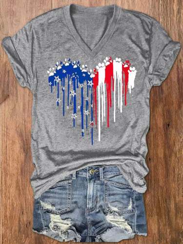 Women's Dog Paw American Flag Heart Print V-Neck T-Shirt