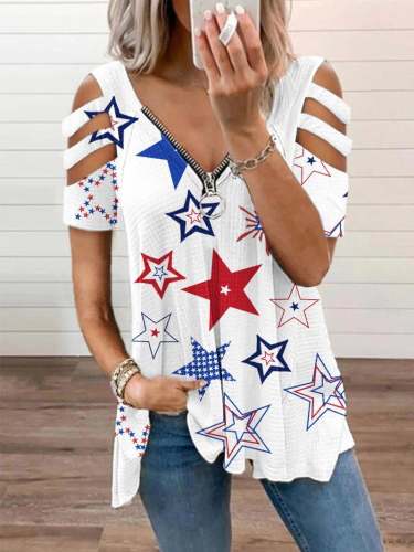 Women's Independence Day American Flag Stars Print Zipper V-Neck Off-Shoulder T-Shirt
