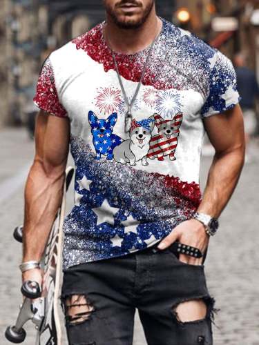 Men's American Firework Corgi Print Short Sleeve T-Shirt