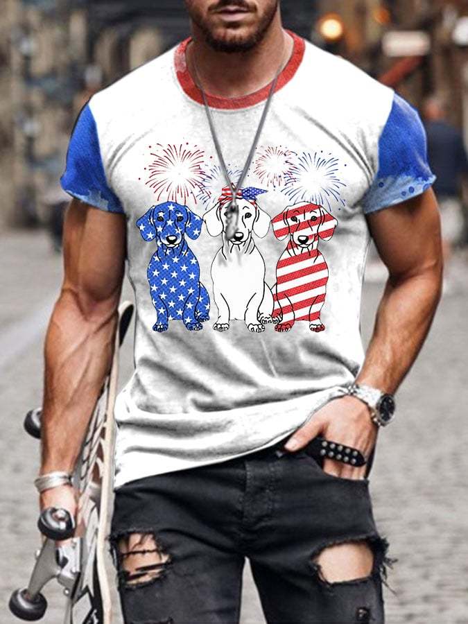 Men's American Firework Dachshund Print Short Sleeve T-Shirt