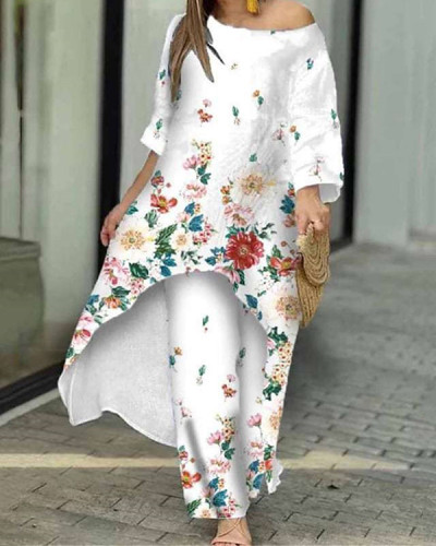 Ladies Casual Loose Irregular Wide Leg Pants Floral Two-piece Set