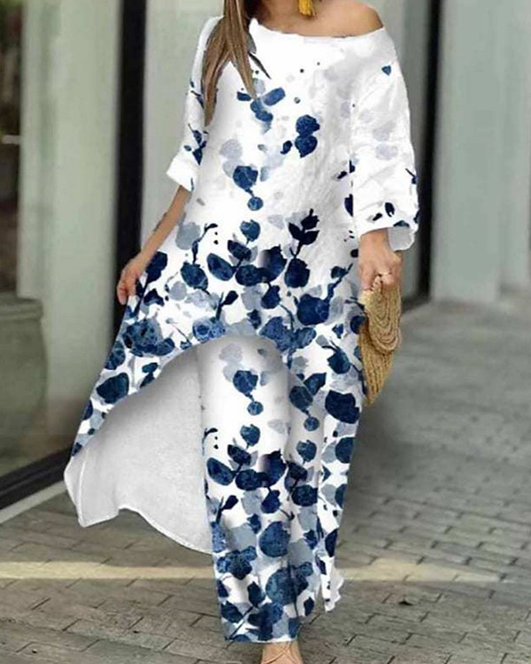 Ladies Casual Loose Irregular Wide Leg Pants Plant Floral Two-piece Set