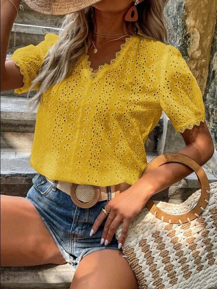 Women's Vacation Cotton Linen Lace Cutout V Neck Shirt