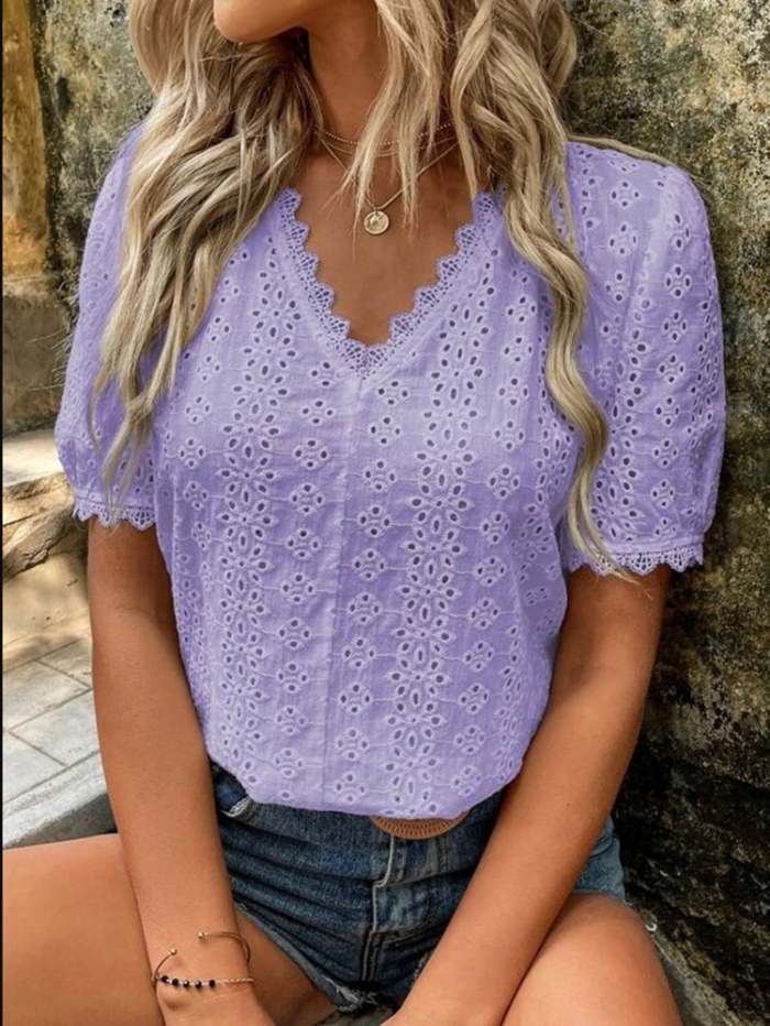 Women's Vacation Cotton Linen Lace Cutout V Neck Shirt