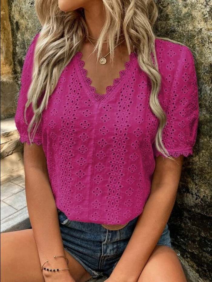 Women's Vacation Cotton Linen Lace Cutout V Neck Shirt