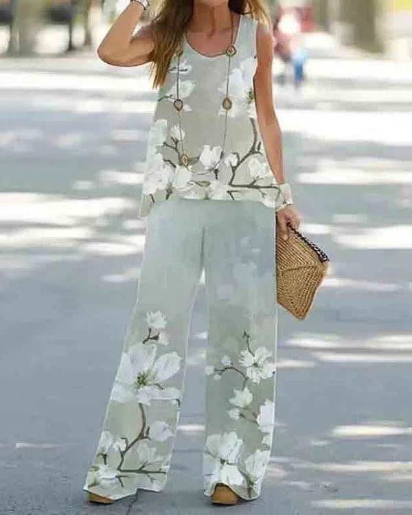 Relaxed Loose Sleeveless Floral Print Suit