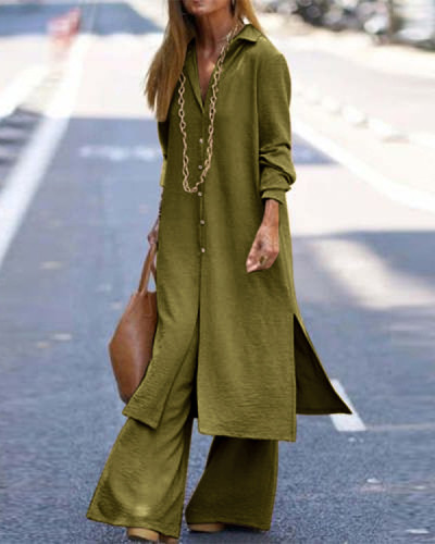 Long Cardigan Top and Wide Leg Trousers Casual Suit