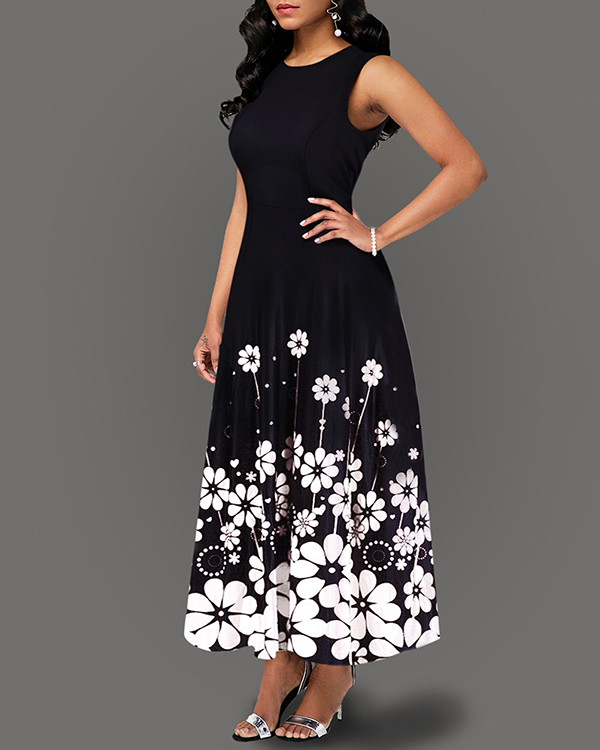 Casual Sleeveless Floral Print Swing Dress