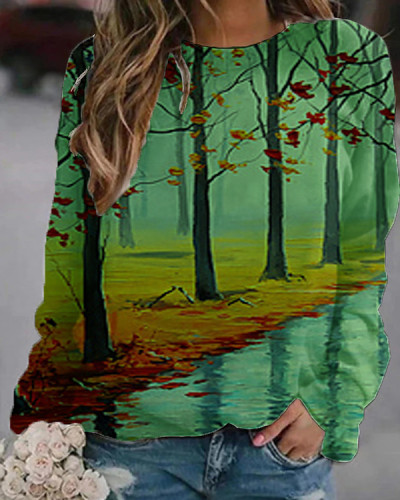 Women's Round Neck Long Sleeve Landscape Print Sweatshirt