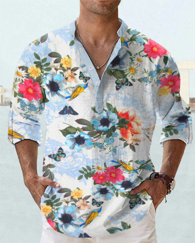 Men's Flower Stand Collar Loose Long Sleeve Shirt