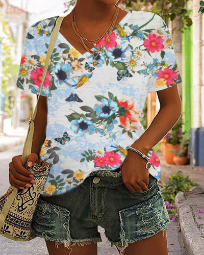 Casual V-neck Short-sleeved Floral Top