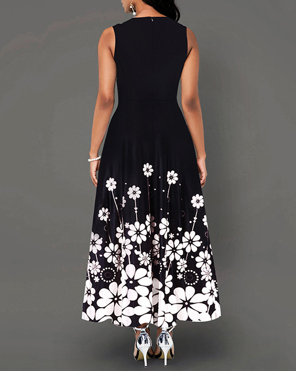 Casual Sleeveless Floral Print Swing Dress