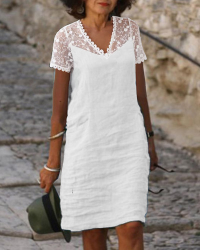 Lace Paneling V-neck Solid Color Cotton Dress
