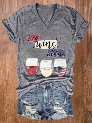 Red wine and blue V-Neck Casual T-Shirt