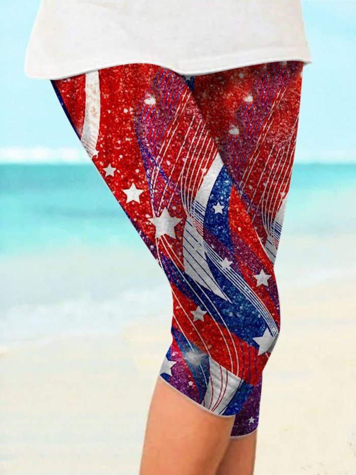 Women's Red Blue Stars Print Cropped Leggings