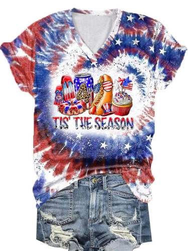 Women's Independence Day Tis the Season Tie-Dye Print V-Neck Casual T-Shirt