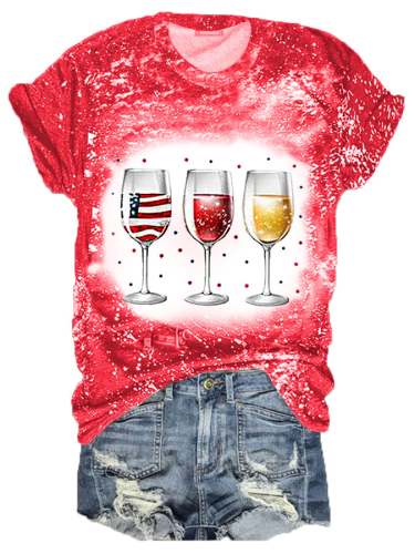 Women's Red Wine Blue Bleach Print 4th Of July Independence Day Tee