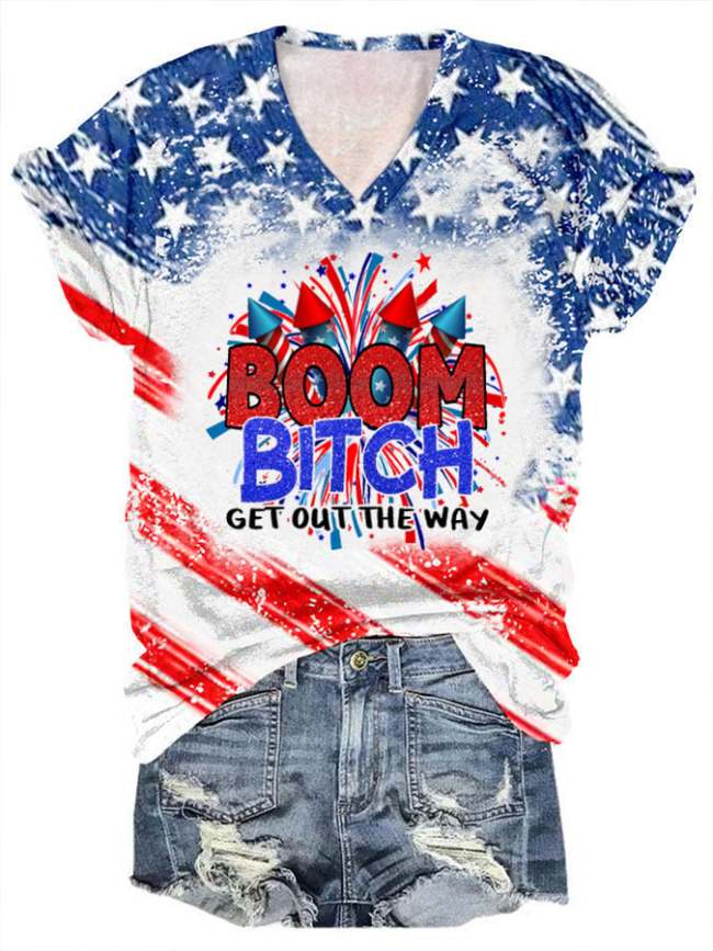 Women's Boom Bitch Get Out The Way American Flag Print Wings T-Shirt