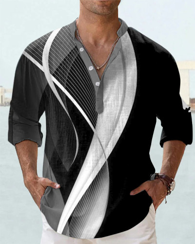 Men's Geometric Stand Collar Loose Long Sleeve Shirt