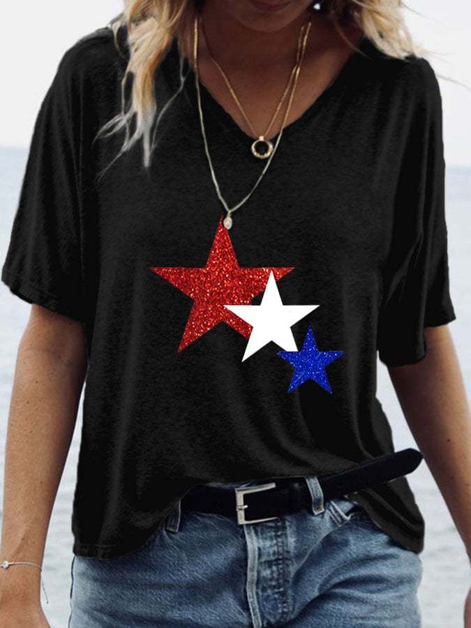 Women's 4th Of July Blue And White Star Print V-Neck Short Sleeve T-shirt