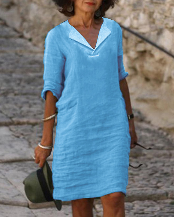 Casual Solid Color V-neck Cotton Dress