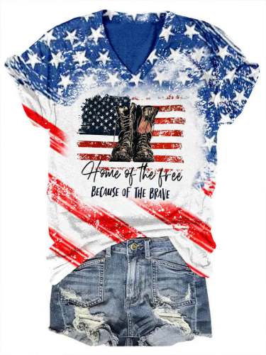Women's Home Of The Free Because Of The Brave Flag Print V-Neck Casual T-Shirt
