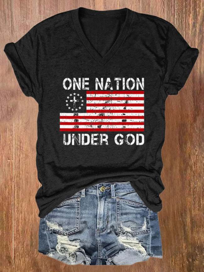 V-neck Retro One Nation Under God Flag Print T-Shirt