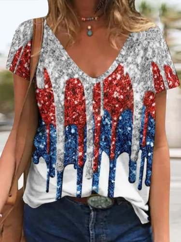 Women's 4th of July Independence Day Glitter Print V-Neck T-Shirt