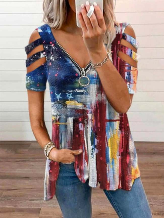 Women's Vintage Flag Print V-Neck Casual T-Shirt