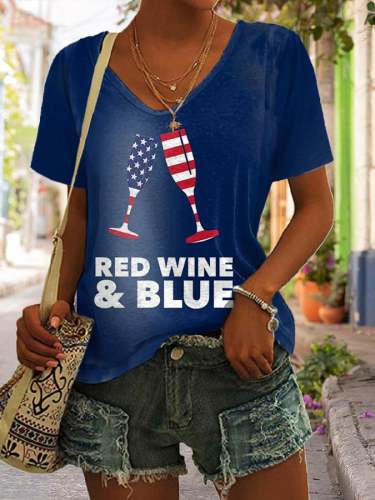 Women's Red Wine And Blue Print V-Neck T-Shirt