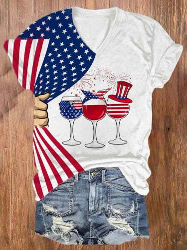 Women's Flag Red Wine Glass Casual Print T-Shirt
