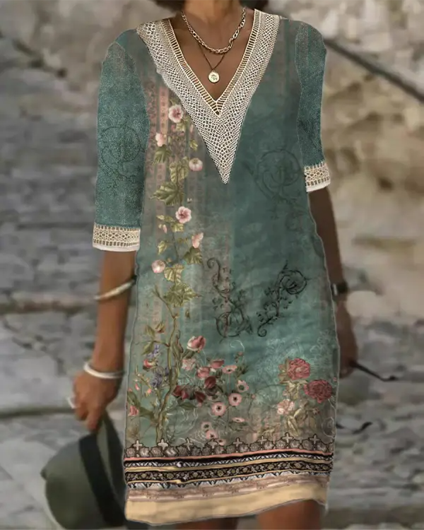 Elegant Ethnic Casual V-neck Dress