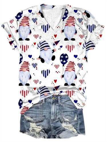 Women's Independence Day Midget Flag Print V Neck Casual T-Shirt
