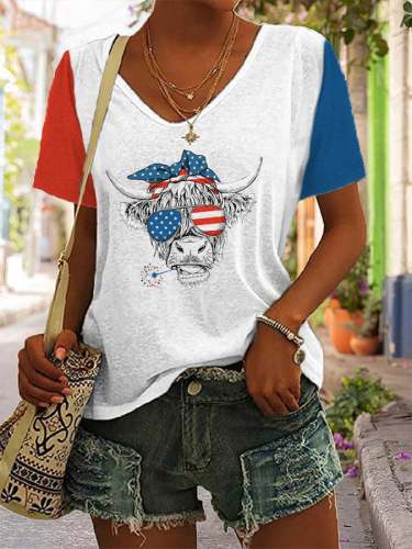 Women's 4th of July Highland Cows Print V-Neck T-Shirt