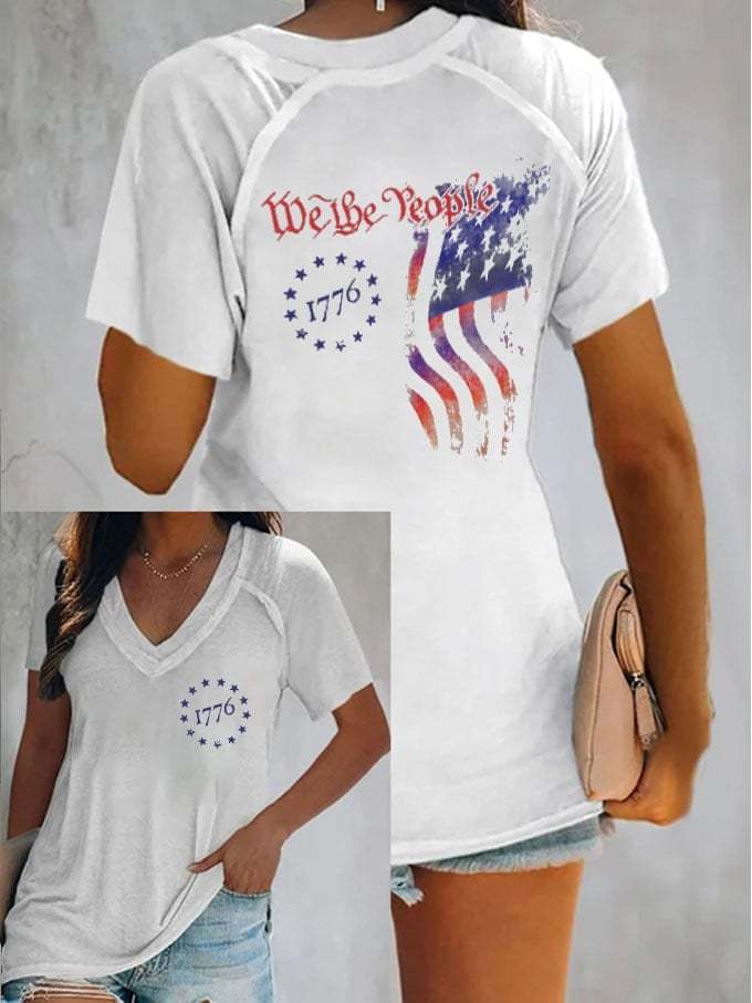 Women's Independence Day 1776 We The People Flag Print V-Neck Top