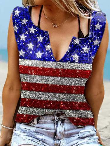 Women's Shiny America Flag Print 4th Of July Independence Day Sleeveless Top