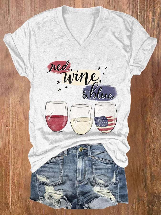 Red wine and blue V-Neck Casual T-Shirt