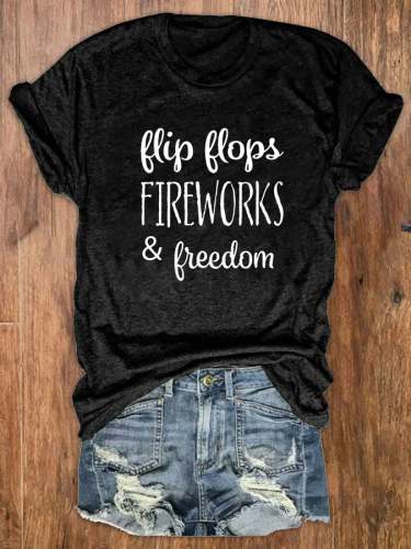 Women's Flip Flops Fireworks Freedom Independence Day Print Crew Neck T-Shirt