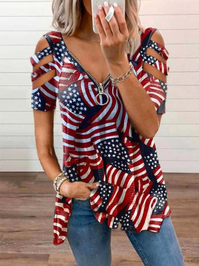 Women's Vintage Flag Print V-Neck Casual T-Shirt