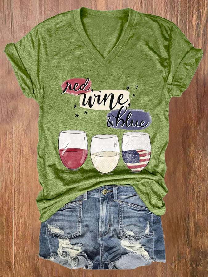 Red wine and blue V-Neck Casual T-Shirt