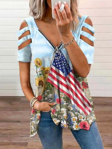 Women's Vintage Flag Print V-Neck Casual T-Shirt