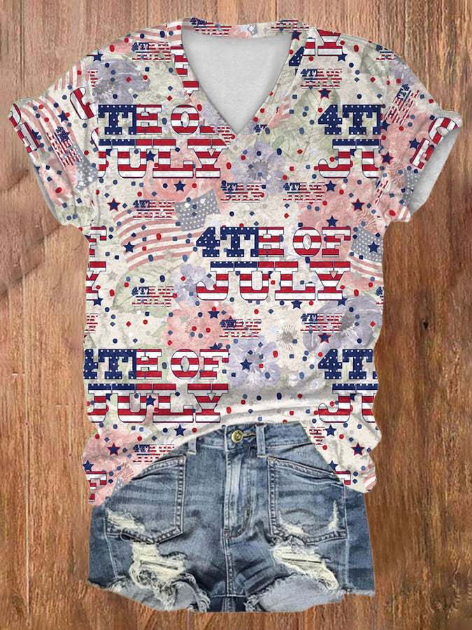 Women'S patriotic red white and blue Print V-Neck Short-Sleeved T-Shirt