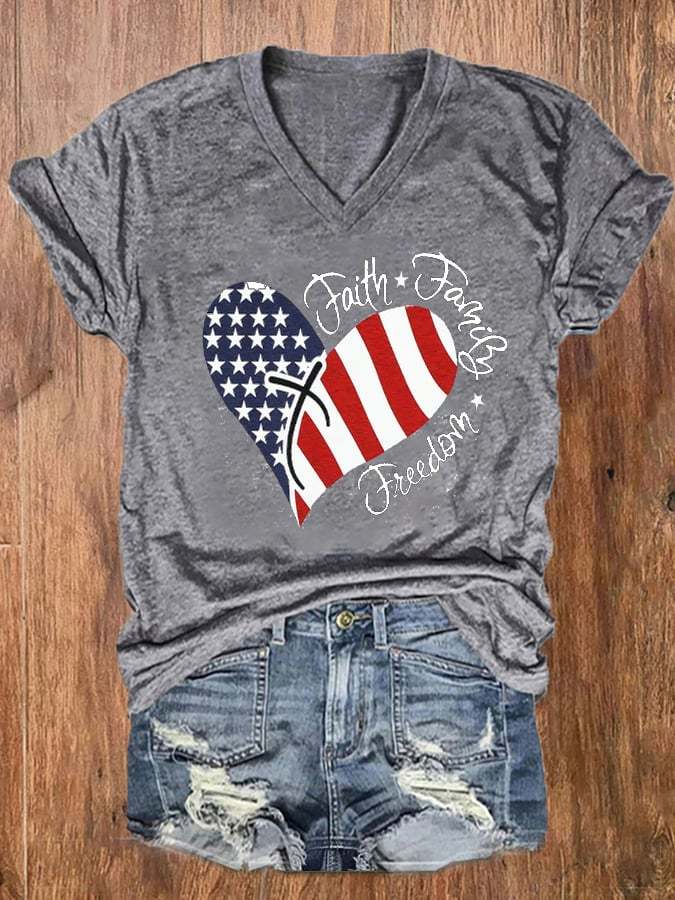Women's Independence Day American Flag Print Faith Family Freedom V-Neck Tee