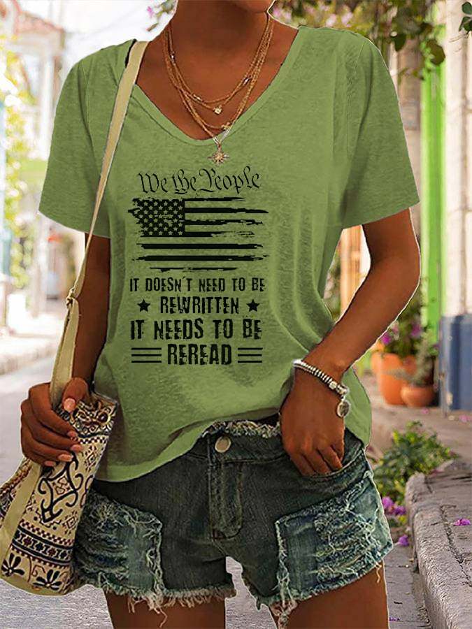 Women's Independence Day We The People America Flag Print V-Neck T-Shirt