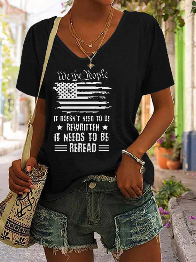 Women's Independence Day We The People America Flag Print V-Neck T-Shirt