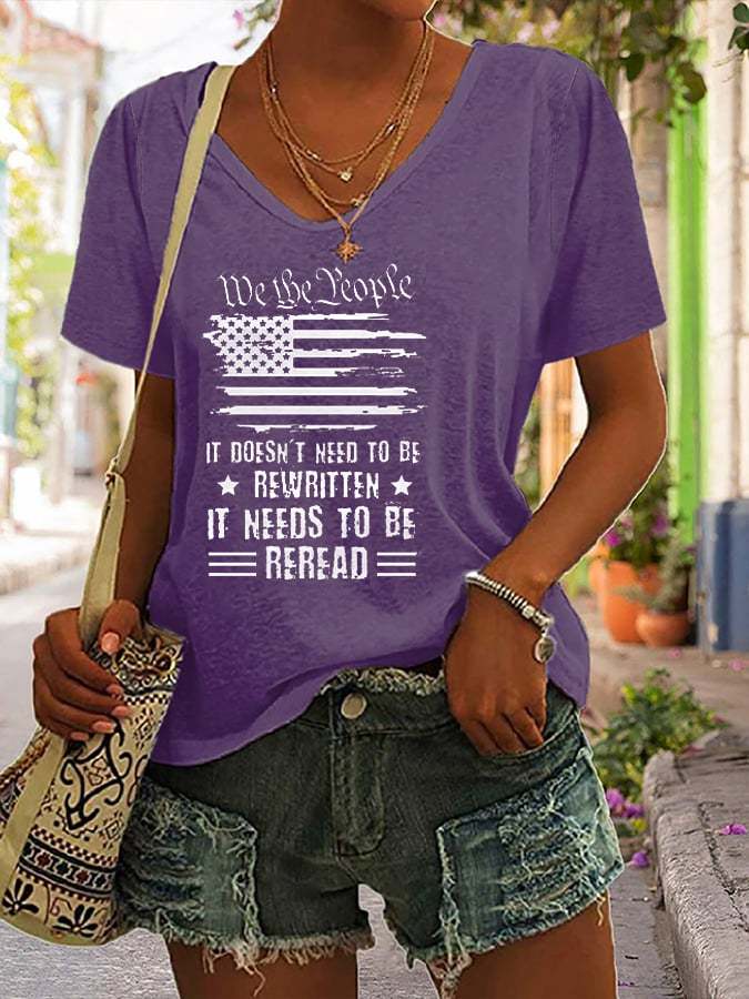 Women's Independence Day We The People America Flag Print V-Neck T-Shirt