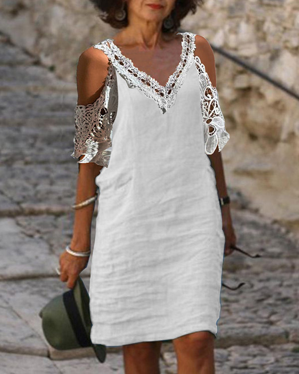 Lace Stitching V-neck Off-the-shoulder Solid Color Cotton Dress